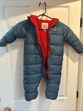 Levi's Blue Puffer Kids One-Piece Snowsuit with Red Lining
